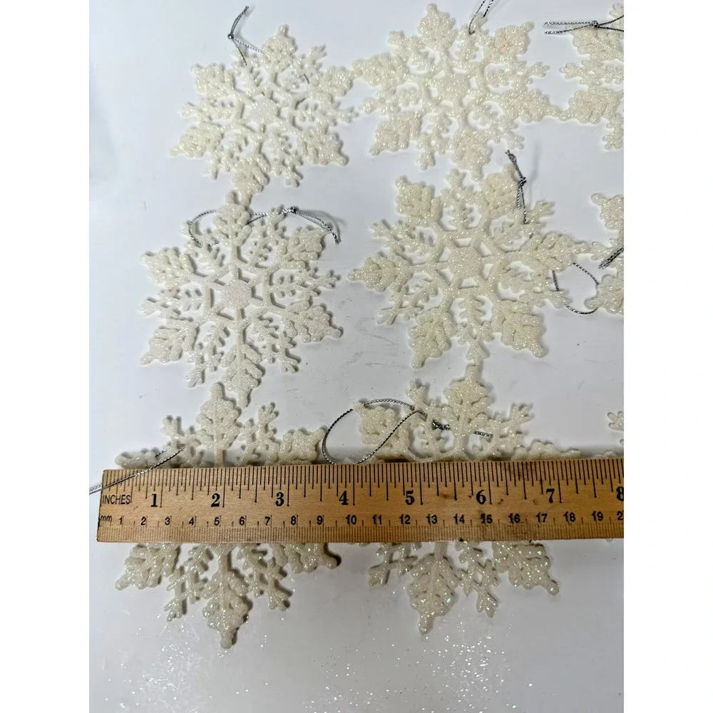 Lot of 12 Cream Ivory Glitter Snowflake Christmas Ornaments Holiday Decor